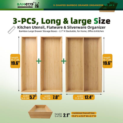 13 Slot V-Shaped Bamboo Drawer Organizer Set of 2 | Cutlery Tray | Silverware & Flatware Organizer | Utensil | Kitchen & Bathroom | Extra Large 19.6"×14.6" & 19.6"×12.4"