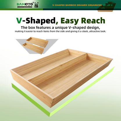 13 Slot V-Shaped Bamboo Drawer Organizer Set of 2 | Cutlery Tray | Silverware & Flatware Organizer | Utensil | Kitchen & Bathroom | Extra Large 19.6"×14.6" & 19.6"×12.4"