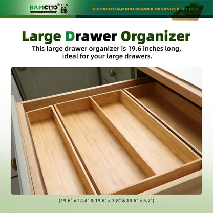 13 Slot V-Shaped Bamboo Drawer Organizer Set of 2 | Cutlery Tray | Silverware & Flatware Organizer | Utensil | Kitchen & Bathroom | Extra Large 19.6"×14.6" & 19.6"×12.4"