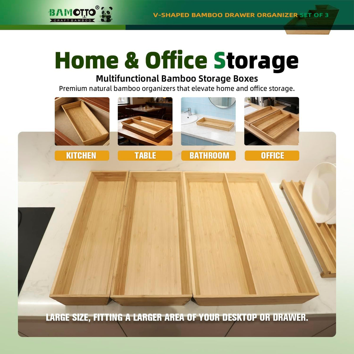 13 Slot V-Shaped Bamboo Drawer Organizer Set of 2 | Cutlery Tray | Silverware & Flatware Organizer | Utensil | Kitchen & Bathroom | Extra Large 19.6"×14.6" & 19.6"×12.4"