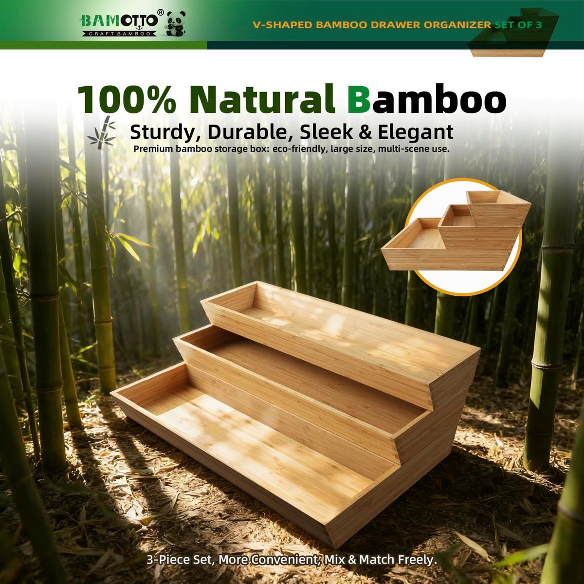 13 Slot V-Shaped Bamboo Drawer Organizer Set of 2 | Cutlery Tray | Silverware & Flatware Organizer | Utensil | Kitchen & Bathroom | Extra Large 19.6"×14.6" & 19.6"×12.4"