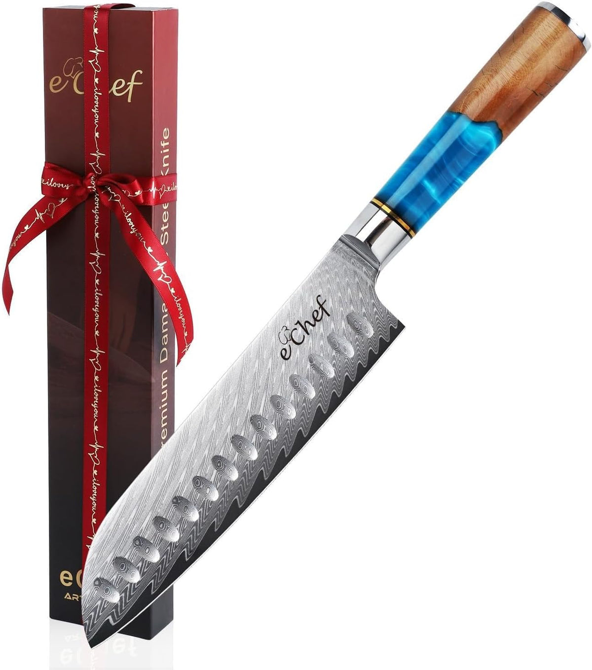 7-inch Santoku Knife, Professional Damascus VG10 Steel Kitchen Chef Knife, Wood Grain Resin Handle, Comes with Gift Box (7.5-inch Santoku knife)