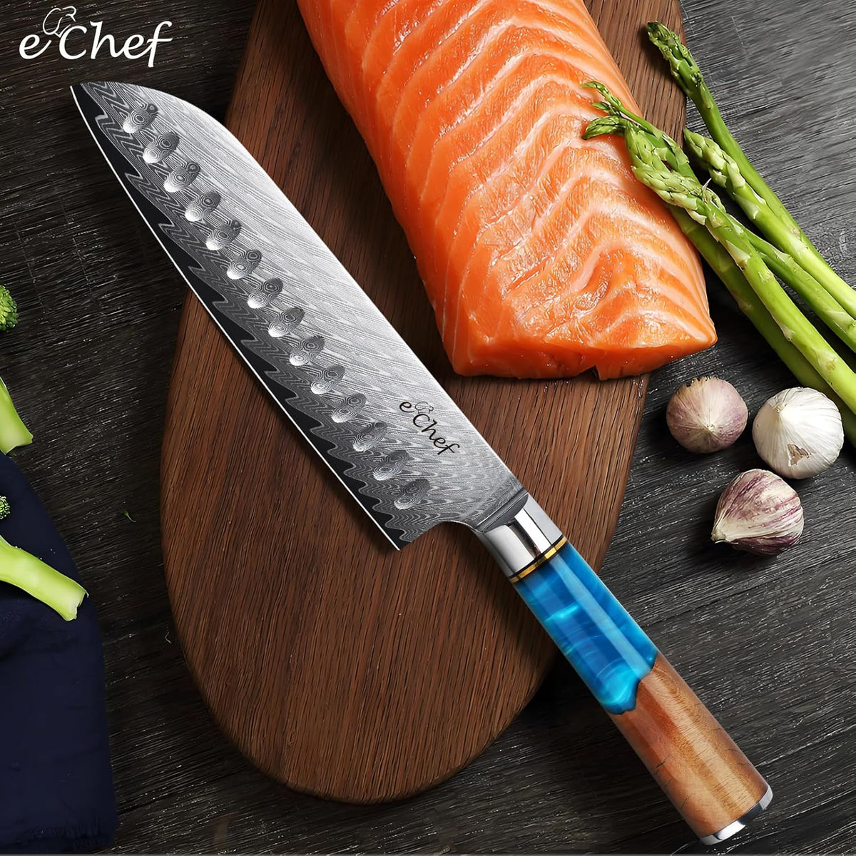 7-inch Santoku Knife, Professional Damascus VG10 Steel Kitchen Chef Knife, Wood Grain Resin Handle, Comes with Gift Box (7.5-inch Santoku knife)