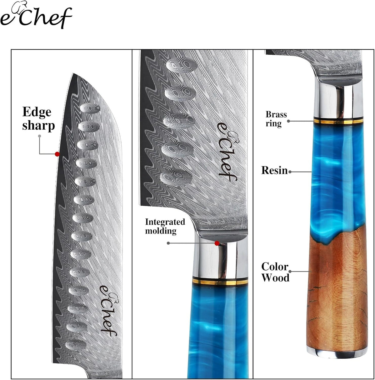 7-inch Santoku Knife, Professional Damascus VG10 Steel Kitchen Chef Knife, Wood Grain Resin Handle, Comes with Gift Box (7.5-inch Santoku knife)