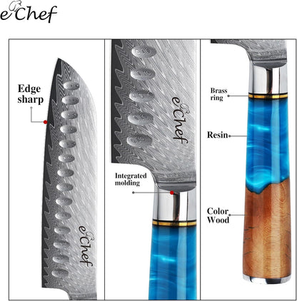 7-inch Santoku Knife, Professional Damascus VG10 Steel Kitchen Chef Knife, Wood Grain Resin Handle, Comes with Gift Box (7.5-inch Santoku knife)