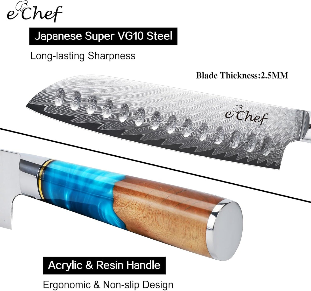 7-inch Santoku Knife, Professional Damascus VG10 Steel Kitchen Chef Knife, Wood Grain Resin Handle, Comes with Gift Box (7.5-inch Santoku knife)