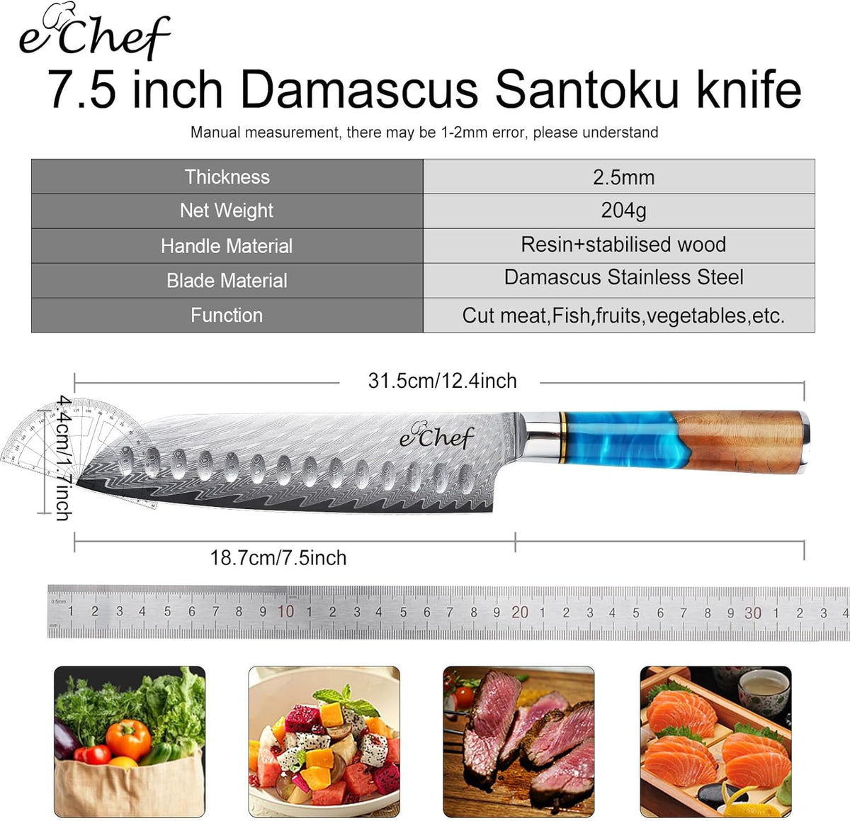 7-inch Santoku Knife, Professional Damascus VG10 Steel Kitchen Chef Knife, Wood Grain Resin Handle, Comes with Gift Box (7.5-inch Santoku knife)