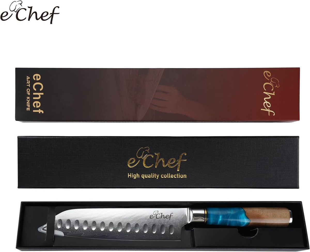 7-inch Santoku Knife, Professional Damascus VG10 Steel Kitchen Chef Knife, Wood Grain Resin Handle, Comes with Gift Box (7.5-inch Santoku knife)