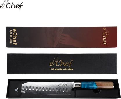 7-inch Santoku Knife, Professional Damascus VG10 Steel Kitchen Chef Knife, Wood Grain Resin Handle, Comes with Gift Box (7.5-inch Santoku knife)