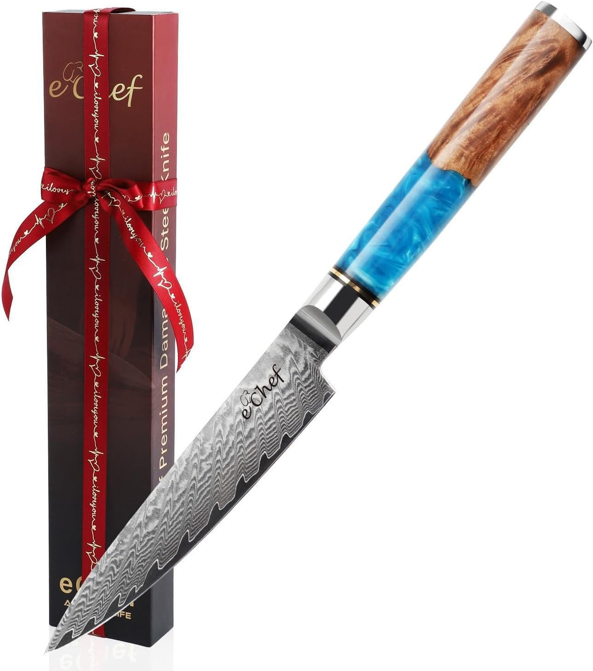 7-inch Santoku Knife, Professional Damascus VG10 Steel Kitchen Chef Knife, Wood Grain Resin Handle, Comes with Gift Box (7.5-inch Santoku knife)