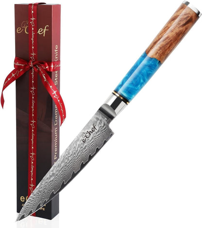 7-inch Santoku Knife, Professional Damascus VG10 Steel Kitchen Chef Knife, Wood Grain Resin Handle, Comes with Gift Box (7.5-inch Santoku knife)