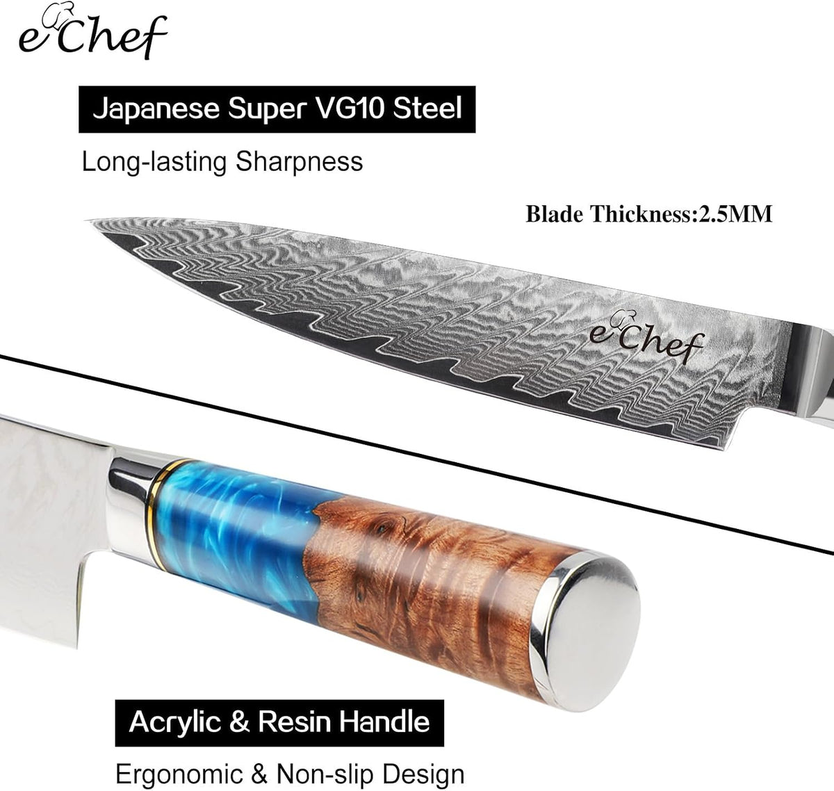 7-inch Santoku Knife, Professional Damascus VG10 Steel Kitchen Chef Knife, Wood Grain Resin Handle, Comes with Gift Box (7.5-inch Santoku knife)