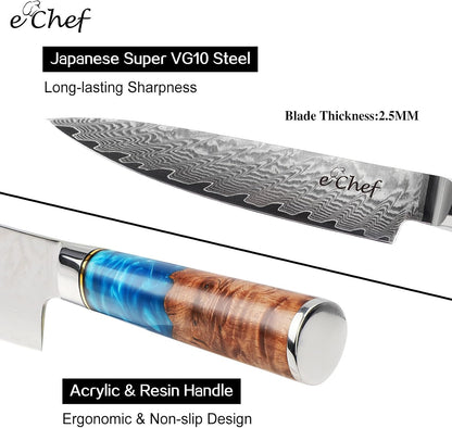 7-inch Santoku Knife, Professional Damascus VG10 Steel Kitchen Chef Knife, Wood Grain Resin Handle, Comes with Gift Box (7.5-inch Santoku knife)