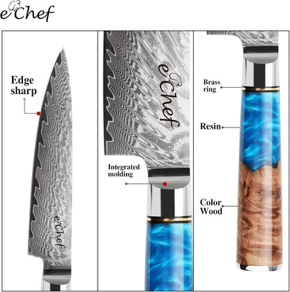 7-inch Santoku Knife, Professional Damascus VG10 Steel Kitchen Chef Knife, Wood Grain Resin Handle, Comes with Gift Box (7.5-inch Santoku knife)