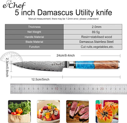 7-inch Santoku Knife, Professional Damascus VG10 Steel Kitchen Chef Knife, Wood Grain Resin Handle, Comes with Gift Box (7.5-inch Santoku knife)