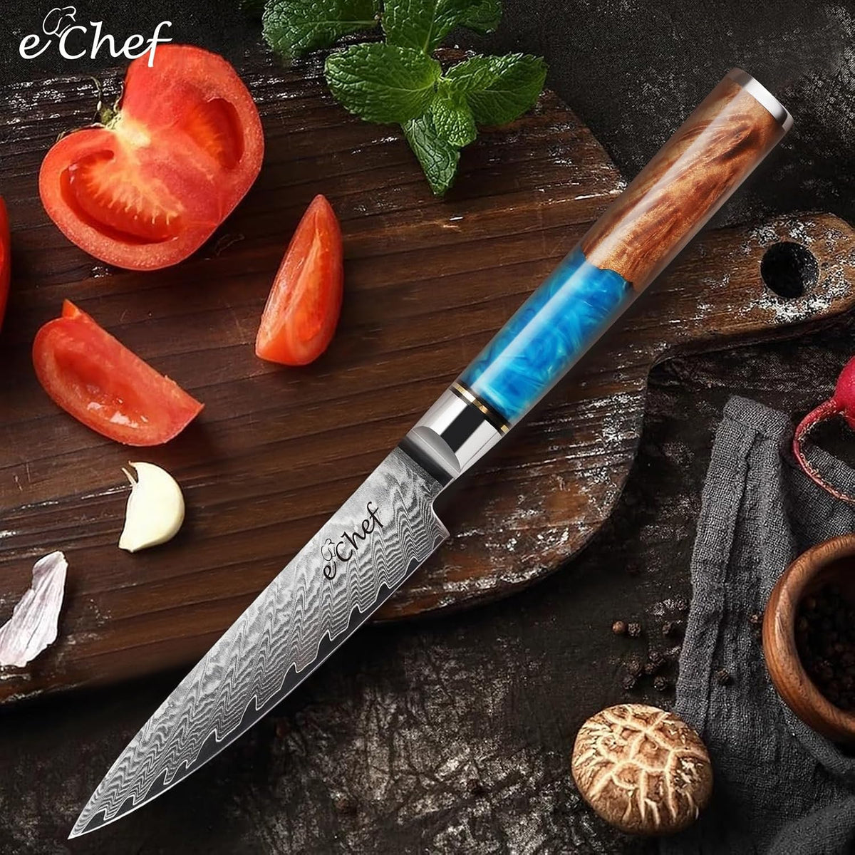 7-inch Santoku Knife, Professional Damascus VG10 Steel Kitchen Chef Knife, Wood Grain Resin Handle, Comes with Gift Box (7.5-inch Santoku knife)