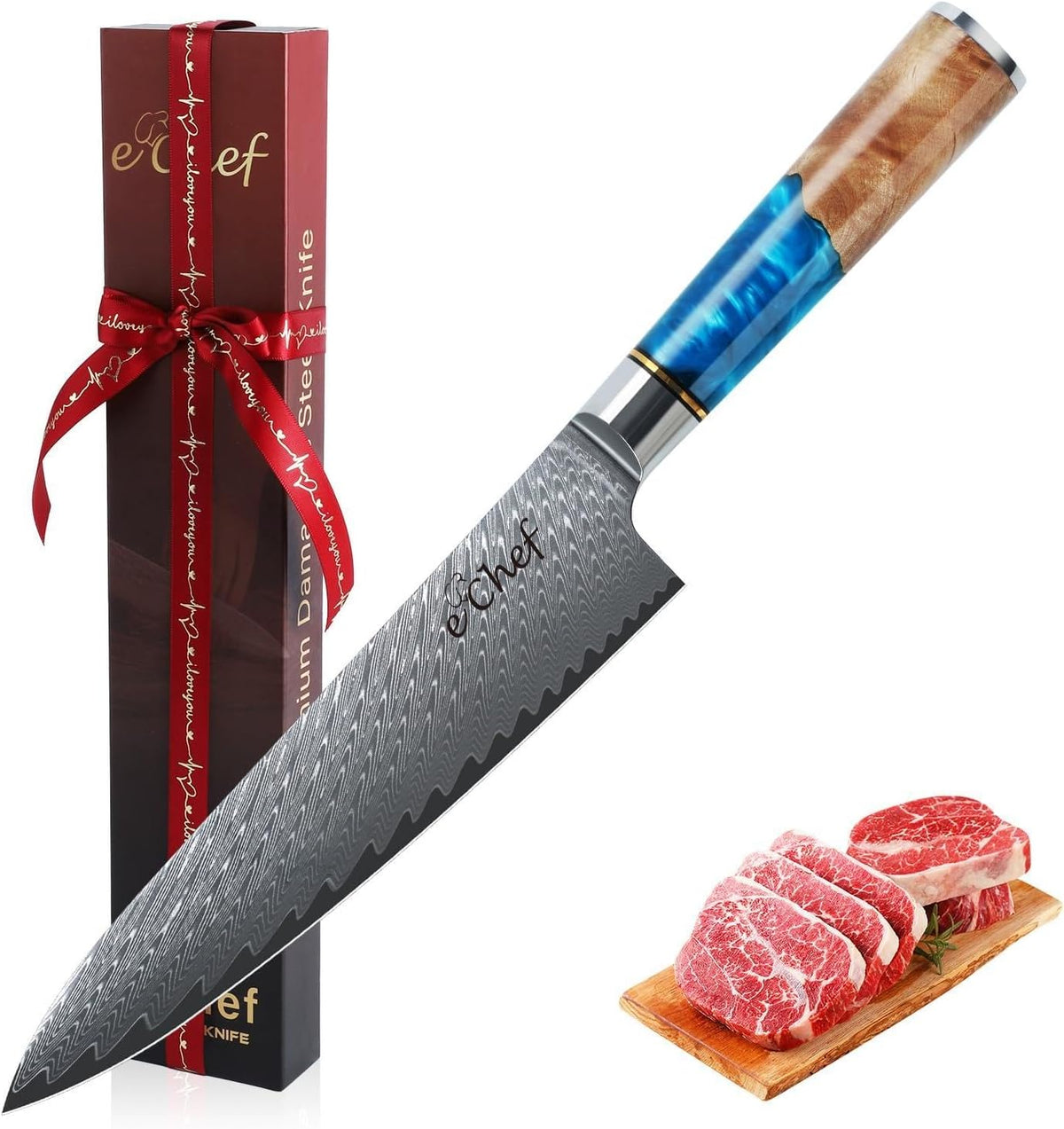 7-inch Santoku Knife, Professional Damascus VG10 Steel Kitchen Chef Knife, Wood Grain Resin Handle, Comes with Gift Box (7.5-inch Santoku knife)