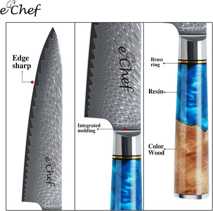 7-inch Santoku Knife, Professional Damascus VG10 Steel Kitchen Chef Knife, Wood Grain Resin Handle, Comes with Gift Box (7.5-inch Santoku knife)