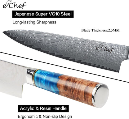 7-inch Santoku Knife, Professional Damascus VG10 Steel Kitchen Chef Knife, Wood Grain Resin Handle, Comes with Gift Box (7.5-inch Santoku knife)