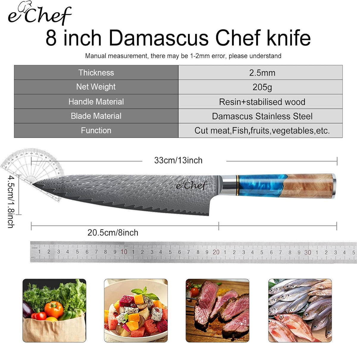 7-inch Santoku Knife, Professional Damascus VG10 Steel Kitchen Chef Knife, Wood Grain Resin Handle, Comes with Gift Box (7.5-inch Santoku knife)
