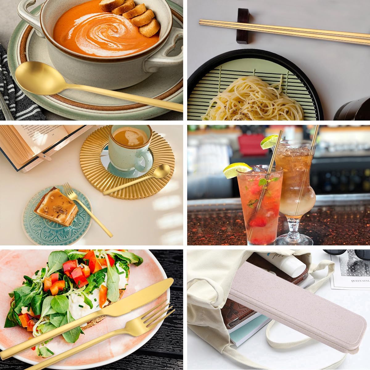 8 Pieces Stainless Steel Flatware Set Portable Reusable Cutlery Set Travel Utensils Set Including Chopsticks Knife Fork Spoon Straws Cleaning Brush Dishwasher Safe (Pink Golden)