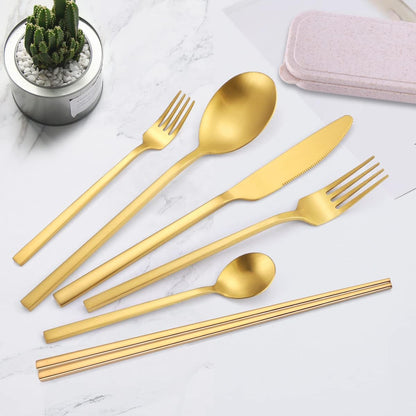 8 Pieces Stainless Steel Flatware Set Portable Reusable Cutlery Set Travel Utensils Set Including Chopsticks Knife Fork Spoon Straws Cleaning Brush Dishwasher Safe (Pink Golden)