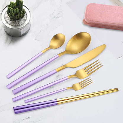 8 Pieces Stainless Steel Flatware Set Portable Reusable Cutlery Set Travel Utensils Set Including Chopsticks Knife Fork Spoon Straws Cleaning Brush Dishwasher Safe (Pink Golden)