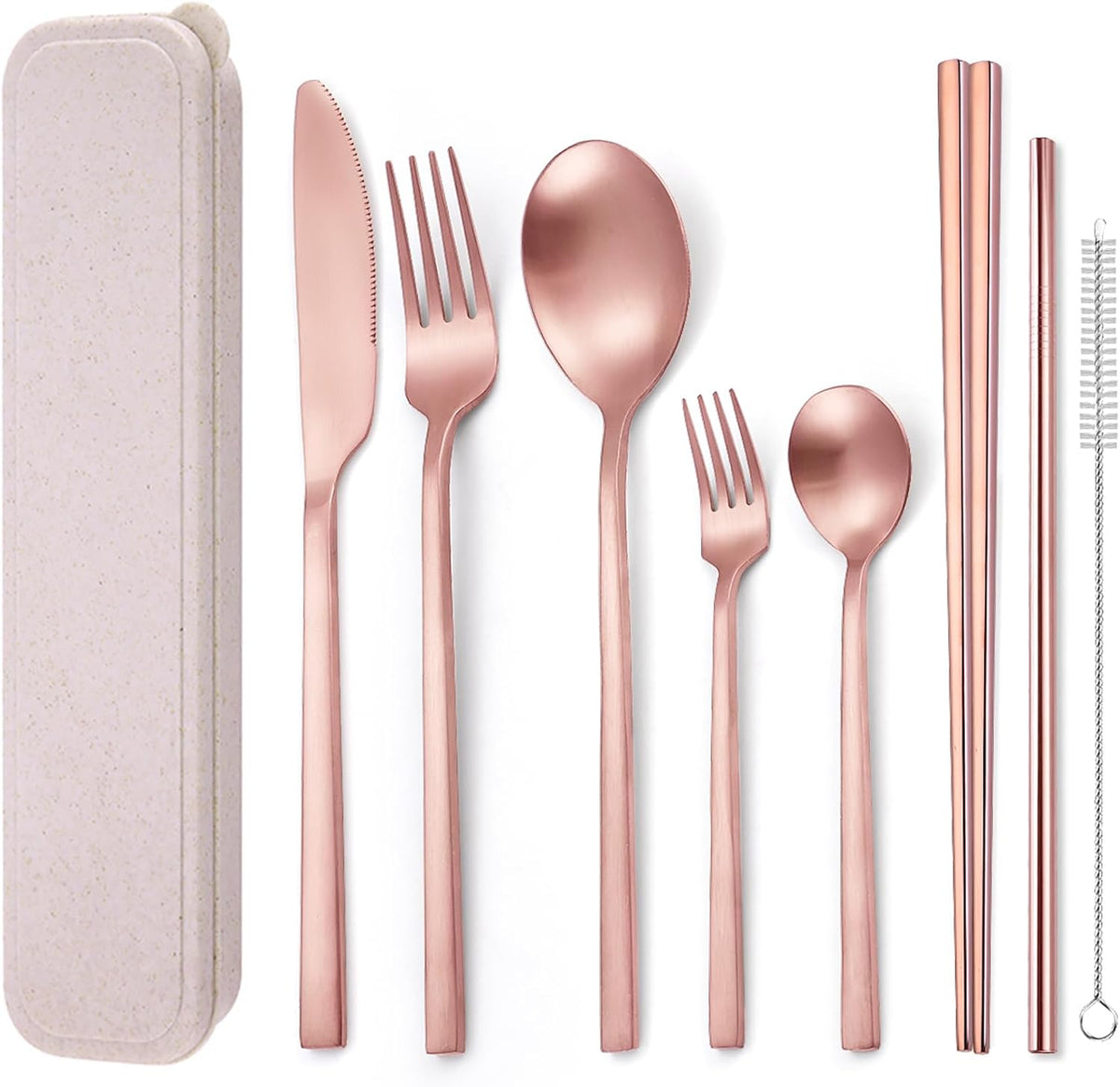8 Pieces Stainless Steel Flatware Set Portable Reusable Cutlery Set Travel Utensils Set Including Chopsticks Knife Fork Spoon Straws Cleaning Brush Dishwasher Safe (Pink Golden)