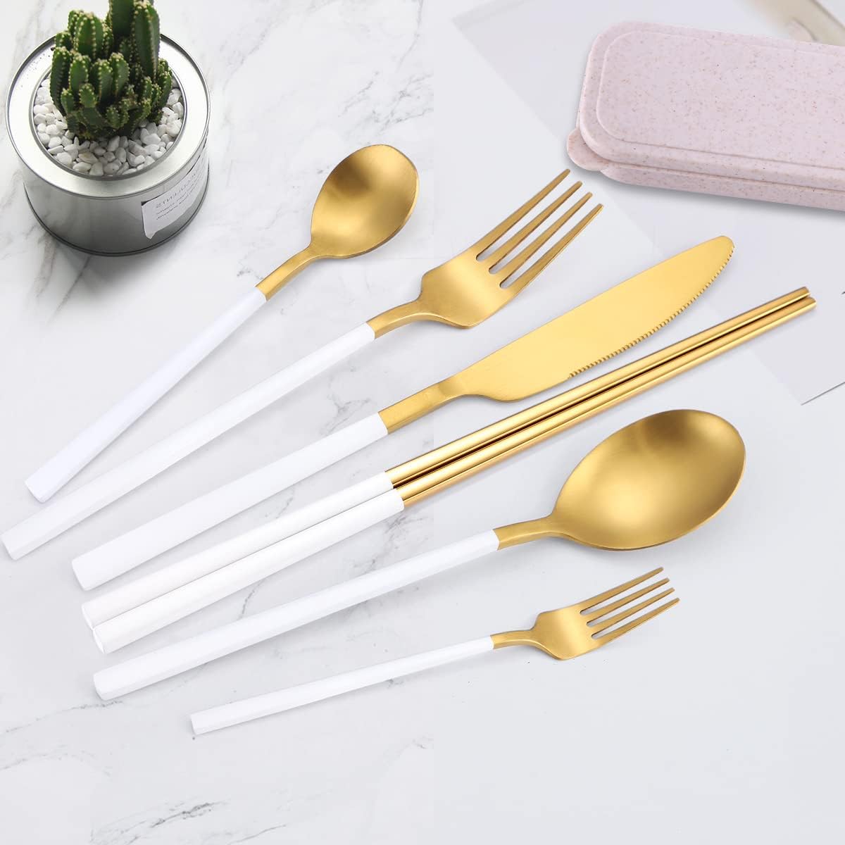 8 Pieces Stainless Steel Flatware Set Portable Reusable Cutlery Set Travel Utensils Set Including Chopsticks Knife Fork Spoon Straws Cleaning Brush Dishwasher Safe (Pink Golden)