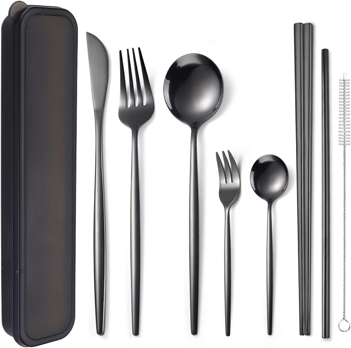 8 Pieces Stainless Steel Flatware Set Portable Reusable Cutlery Set Travel Utensils Set Including Chopsticks Knife Fork Spoon Straws Cleaning Brush Dishwasher Safe (Pink Golden)