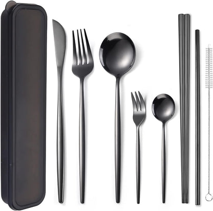 8 Pieces Stainless Steel Flatware Set Portable Reusable Cutlery Set Travel Utensils Set Including Chopsticks Knife Fork Spoon Straws Cleaning Brush Dishwasher Safe (Pink Golden)