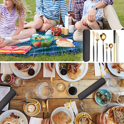 8 Pieces Stainless Steel Flatware Set Portable Reusable Cutlery Set Travel Utensils Set Including Chopsticks Knife Fork Spoon Straws Cleaning Brush Dishwasher Safe (Pink Golden)