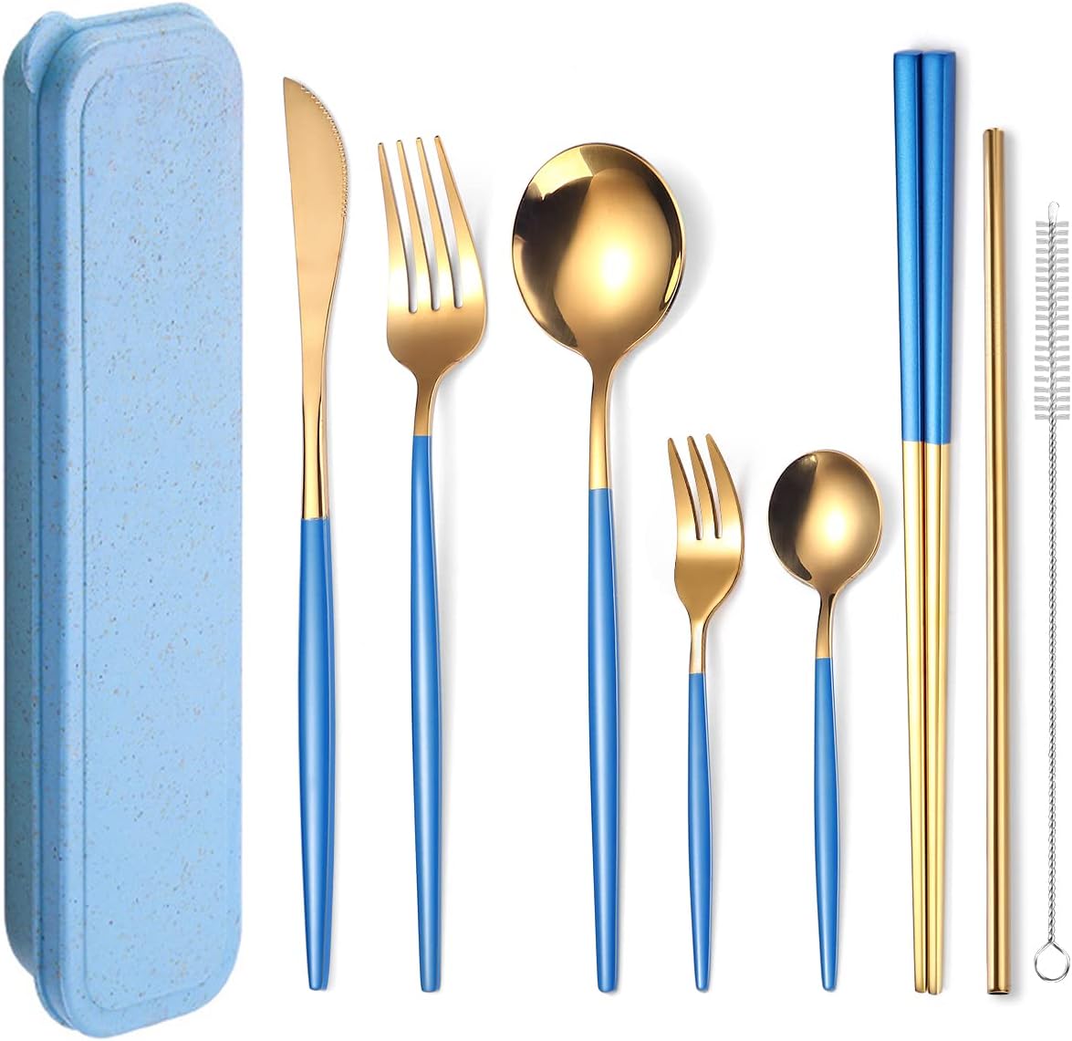 8 Pieces Stainless Steel Flatware Set Portable Reusable Cutlery Set Travel Utensils Set Including Chopsticks Knife Fork Spoon Straws Cleaning Brush Dishwasher Safe (Pink Golden)