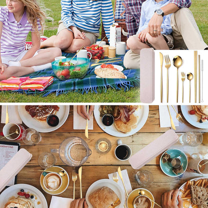 8 Pieces Stainless Steel Flatware Set Portable Reusable Cutlery Set Travel Utensils Set Including Chopsticks Knife Fork Spoon Straws Cleaning Brush Dishwasher Safe (Pink Golden)