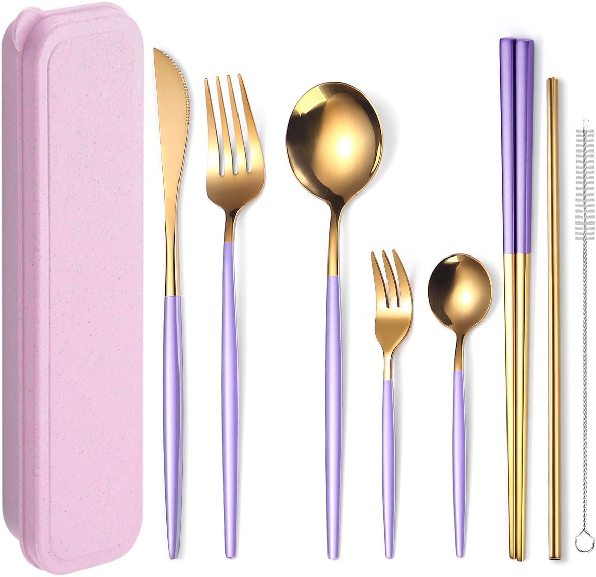 8 Pieces Stainless Steel Flatware Set Portable Reusable Cutlery Set Travel Utensils Set Including Chopsticks Knife Fork Spoon Straws Cleaning Brush Dishwasher Safe (Pink Golden)