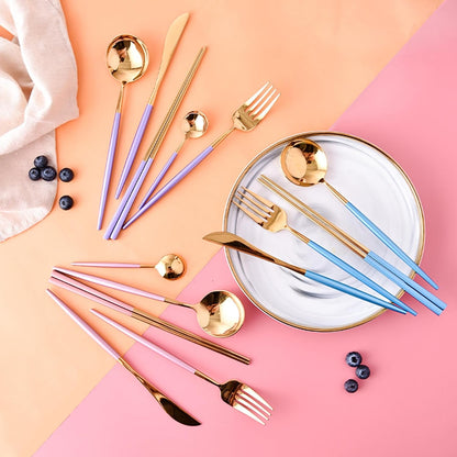 8 Pieces Stainless Steel Flatware Set Portable Reusable Cutlery Set Travel Utensils Set Including Chopsticks Knife Fork Spoon Straws Cleaning Brush Dishwasher Safe (Pink Golden)