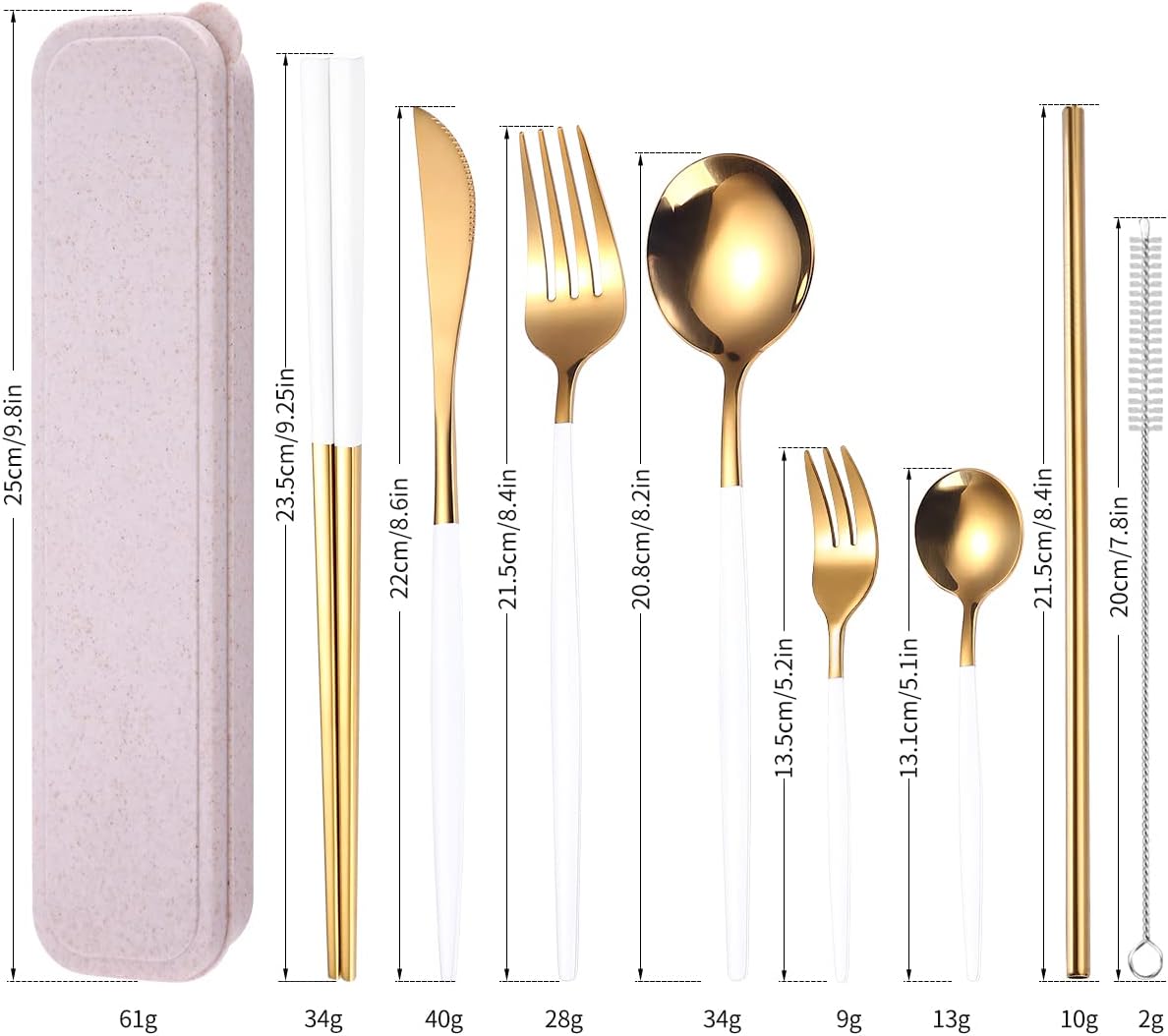 8 Pieces Stainless Steel Flatware Set Portable Reusable Cutlery Set Travel Utensils Set Including Chopsticks Knife Fork Spoon Straws Cleaning Brush Dishwasher Safe (Pink Golden)