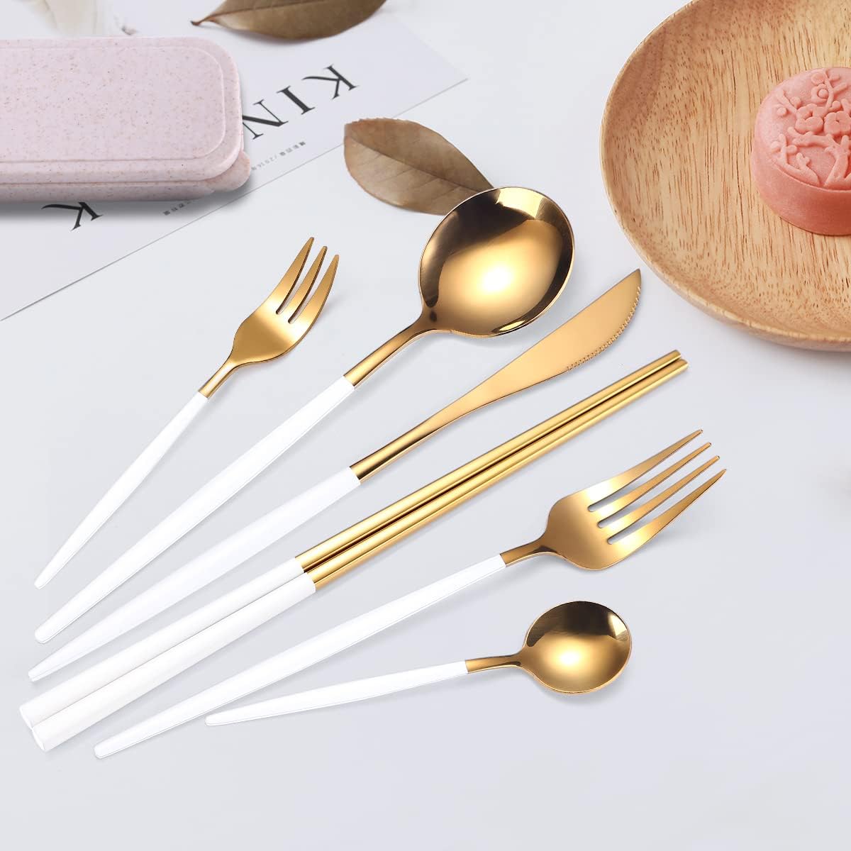 8 Pieces Stainless Steel Flatware Set Portable Reusable Cutlery Set Travel Utensils Set Including Chopsticks Knife Fork Spoon Straws Cleaning Brush Dishwasher Safe (Pink Golden)