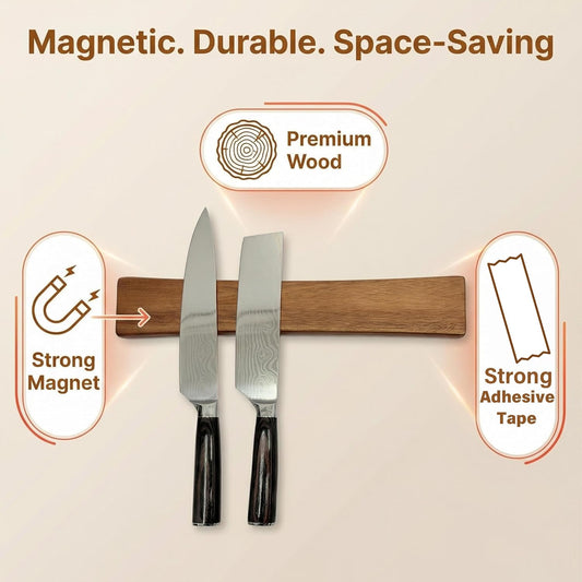 12 Inch Magnetic Knife Strip, Acacia Wood Knife Magnetic Holder | Wall & Refrigerator Mount, No Drilling Adhesive, Strong Magnetic Strip, Kitchen Utensil & Tool Organizer