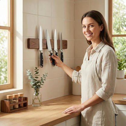 12 Inch Magnetic Knife Strip, Acacia Wood Knife Magnetic Holder | Wall & Refrigerator Mount, No Drilling Adhesive, Strong Magnetic Strip, Kitchen Utensil & Tool Organizer