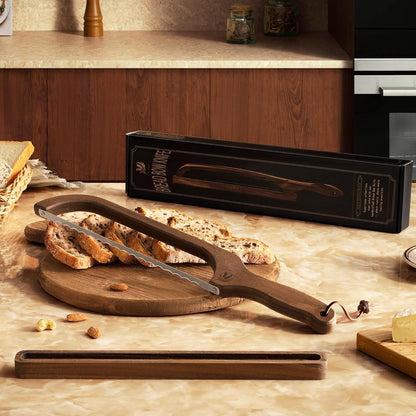 Bread Knife with Wooden Tray, 16.5" Serrated Sourdough Bread Knife, Premium Bow Bread Slicer for Homemade Bread, Bagels & Loaf, Stainless Steel Cutter (Black Walnut, Wide-Spacing)