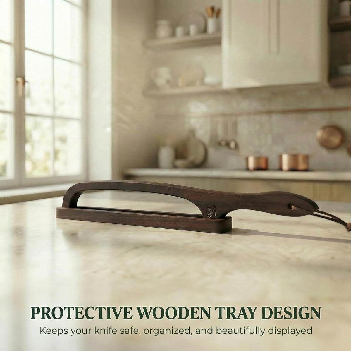 Bread Knife with Wooden Tray, 16.5" Serrated Sourdough Bread Knife, Premium Bow Bread Slicer for Homemade Bread, Bagels & Loaf, Stainless Steel Cutter (Black Walnut, Wide-Spacing)