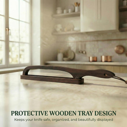 Bread Knife with Wooden Tray, 16.5" Serrated Sourdough Bread Knife, Premium Bow Bread Slicer for Homemade Bread, Bagels & Loaf, Stainless Steel Cutter (Black Walnut, Wide-Spacing)