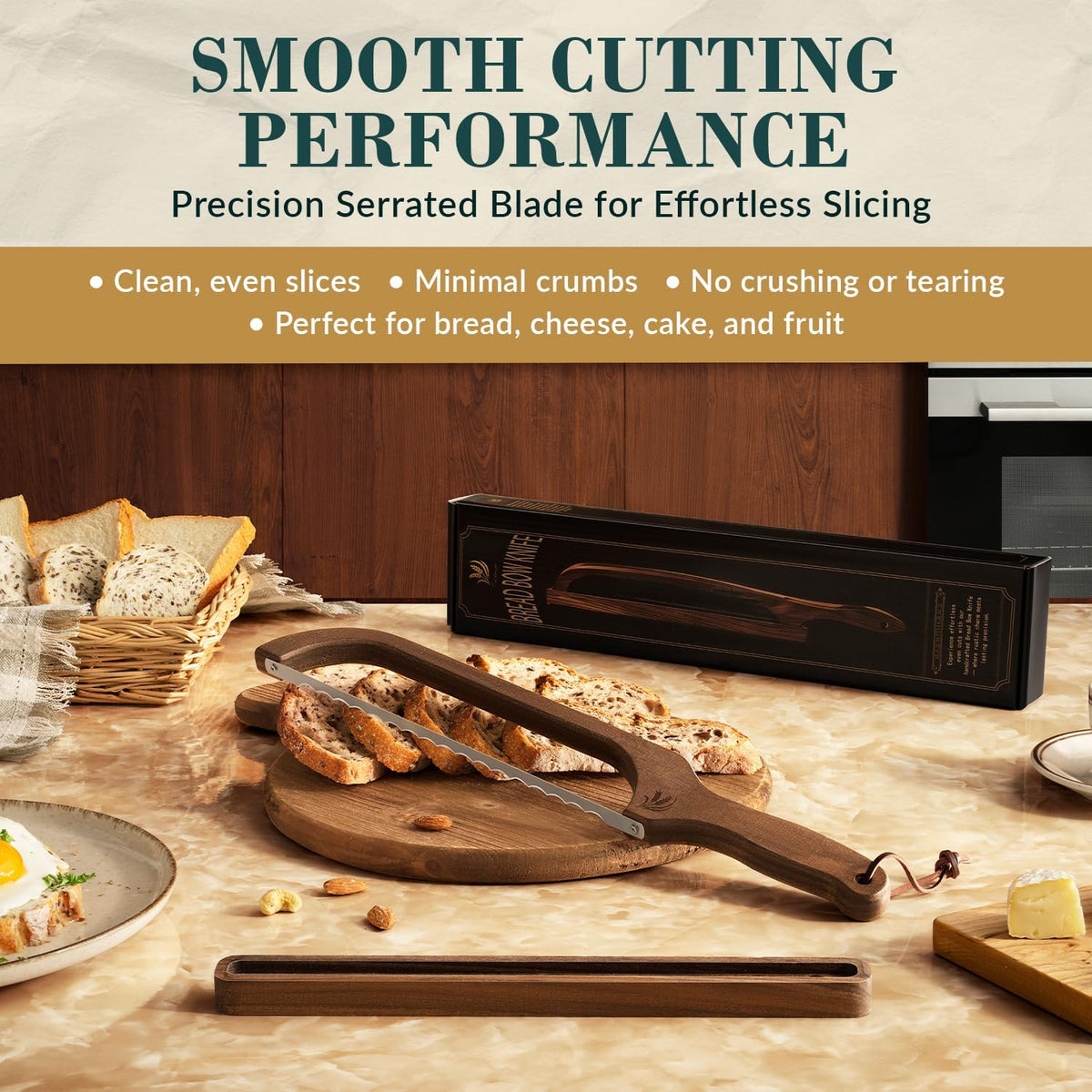 Bread Knife with Wooden Tray, 16.5" Serrated Sourdough Bread Knife, Premium Bow Bread Slicer for Homemade Bread, Bagels & Loaf, Stainless Steel Cutter (Black Walnut, Wide-Spacing)