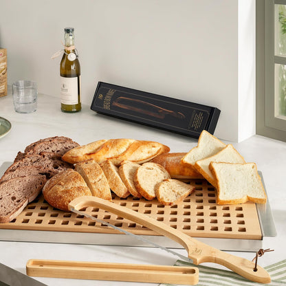 Bread Knife with Wooden Tray, 16.5" Serrated Sourdough Bread Knife, Premium Bow Bread Slicer for Homemade Bread, Bagels & Loaf, Stainless Steel Cutter (Black Walnut, Wide-Spacing)