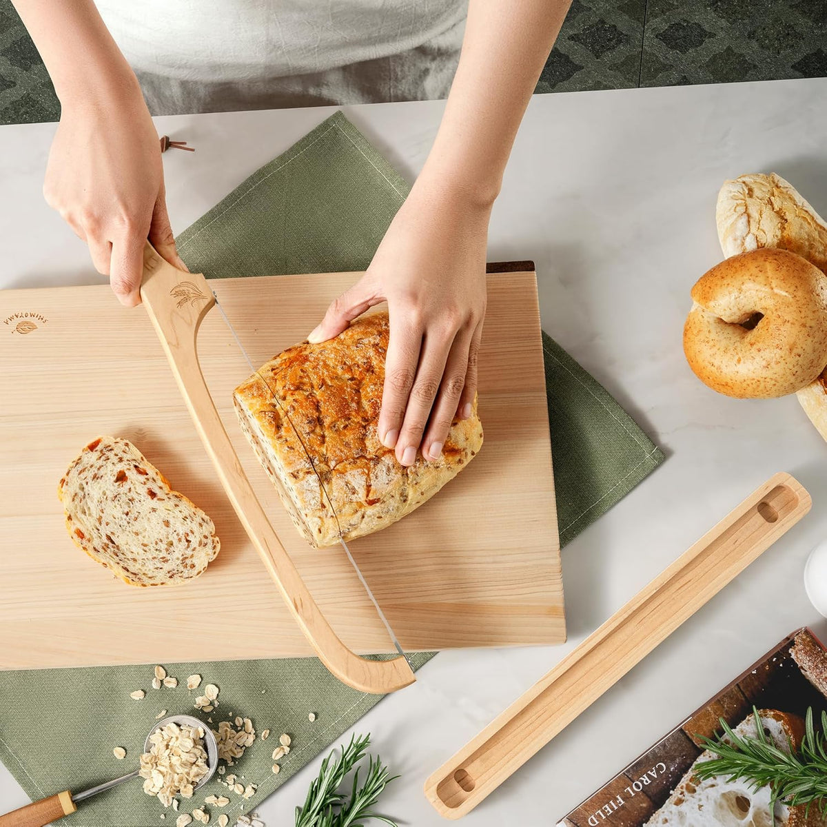 Bread Knife with Wooden Tray, 16.5" Serrated Sourdough Bread Knife, Premium Bow Bread Slicer for Homemade Bread, Bagels & Loaf, Stainless Steel Cutter (Black Walnut, Wide-Spacing)