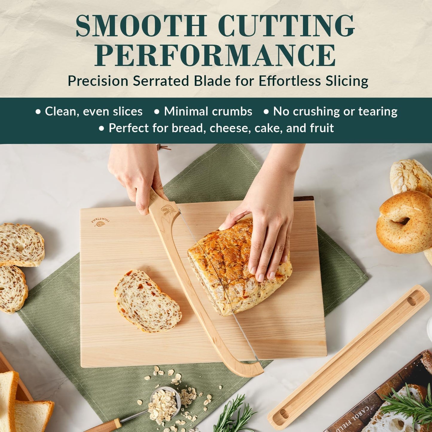 Bread Knife with Wooden Tray, 16.5" Serrated Sourdough Bread Knife, Premium Bow Bread Slicer for Homemade Bread, Bagels & Loaf, Stainless Steel Cutter (Black Walnut, Wide-Spacing)