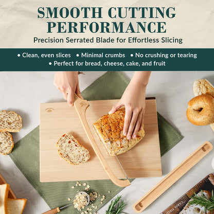Bread Knife with Wooden Tray, 16.5" Serrated Sourdough Bread Knife, Premium Bow Bread Slicer for Homemade Bread, Bagels & Loaf, Stainless Steel Cutter (Black Walnut, Wide-Spacing)