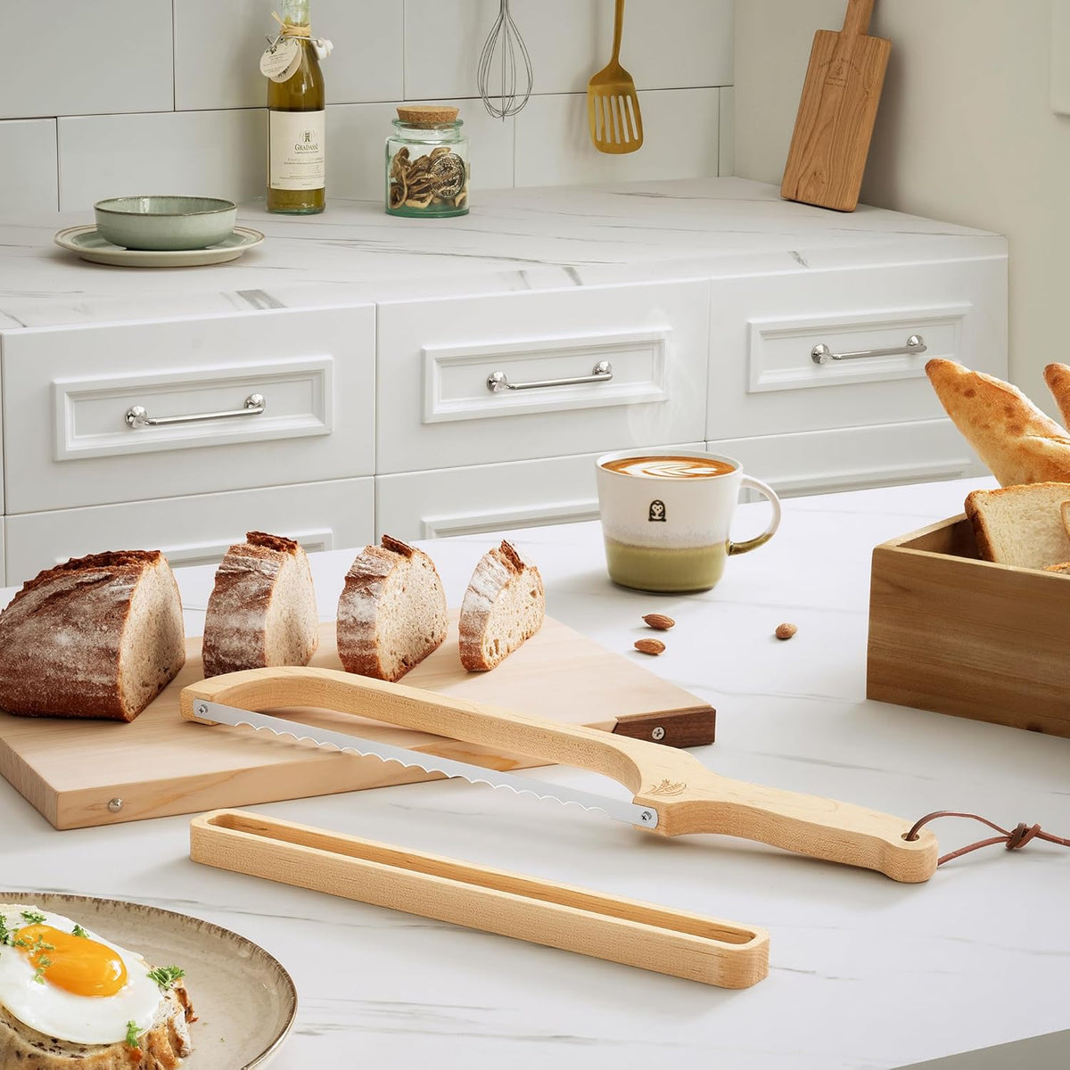 Bread Knife with Wooden Tray, 16.5" Serrated Sourdough Bread Knife, Premium Bow Bread Slicer for Homemade Bread, Bagels & Loaf, Stainless Steel Cutter (Black Walnut, Wide-Spacing)