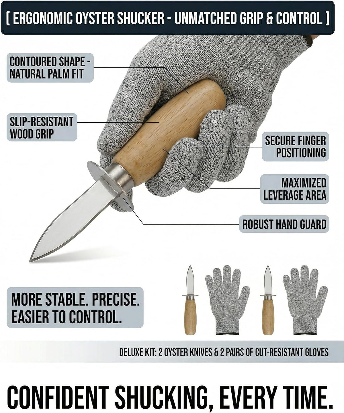 Oyster Shucking Knife, 2 Pack Oyster Knife Shucker Set with 2 Professional Grade Cut Resistant Gloves, Stainless Steel Seafood Opener Tools